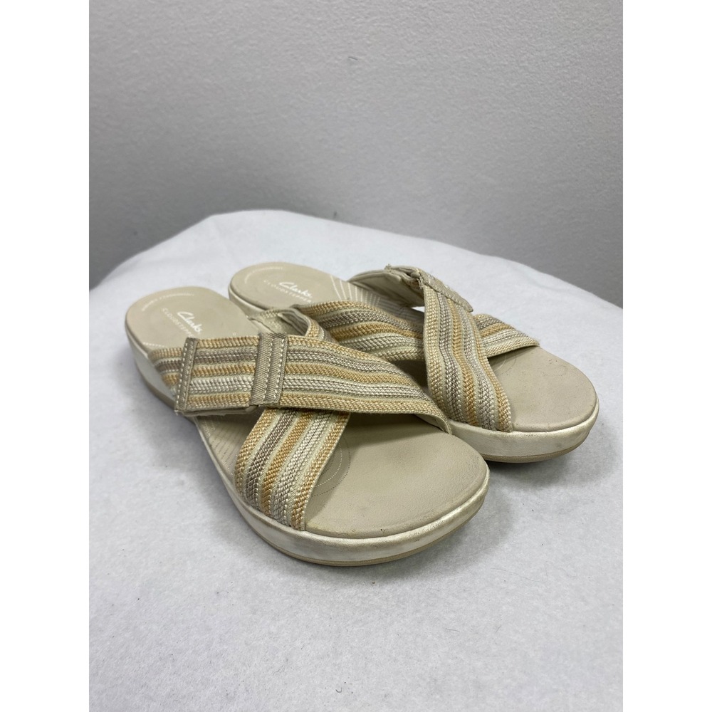 Clarks Cloudsteppers Women Tan Striped Criss Cross Comfort Slide Sandals Size 10